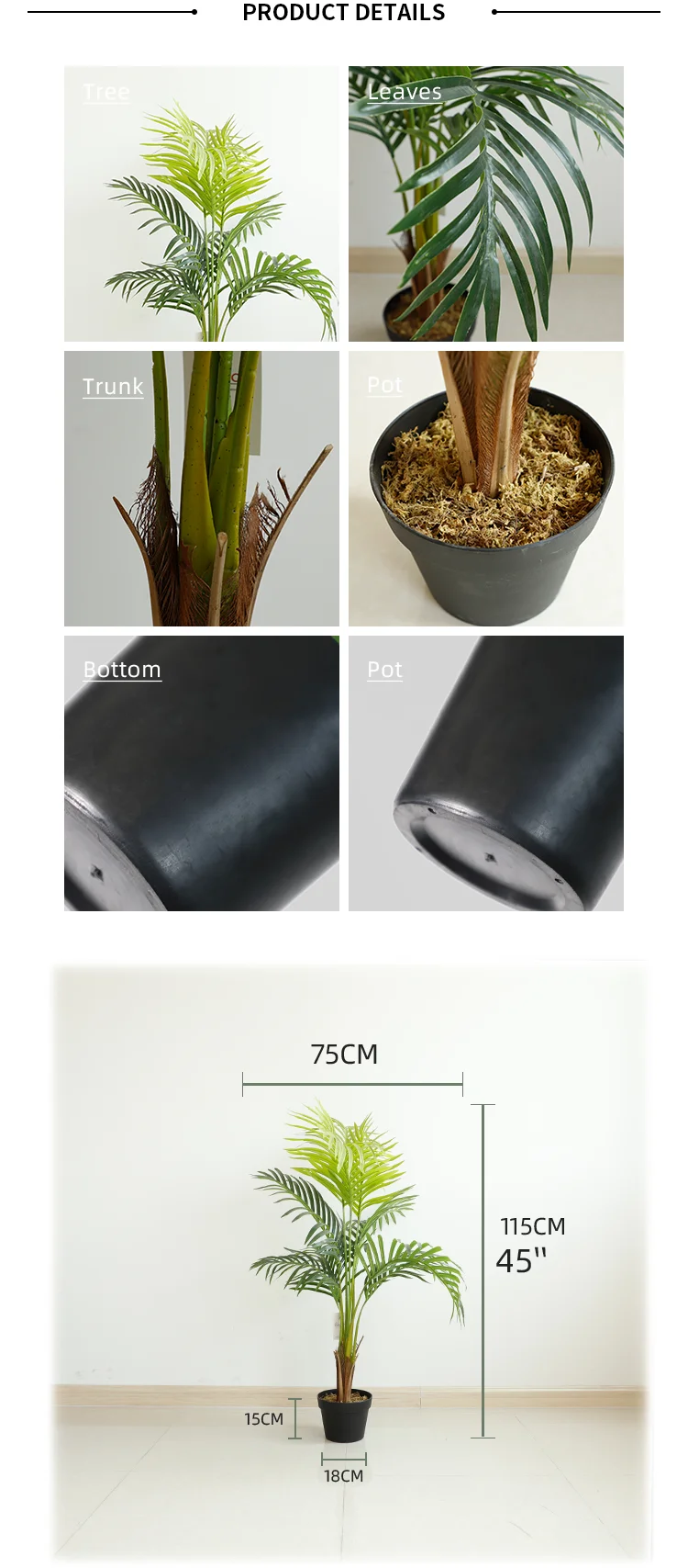 Nordic Home Decor Interior Fake Areca Palm Trees Fireproof Plastic Fern