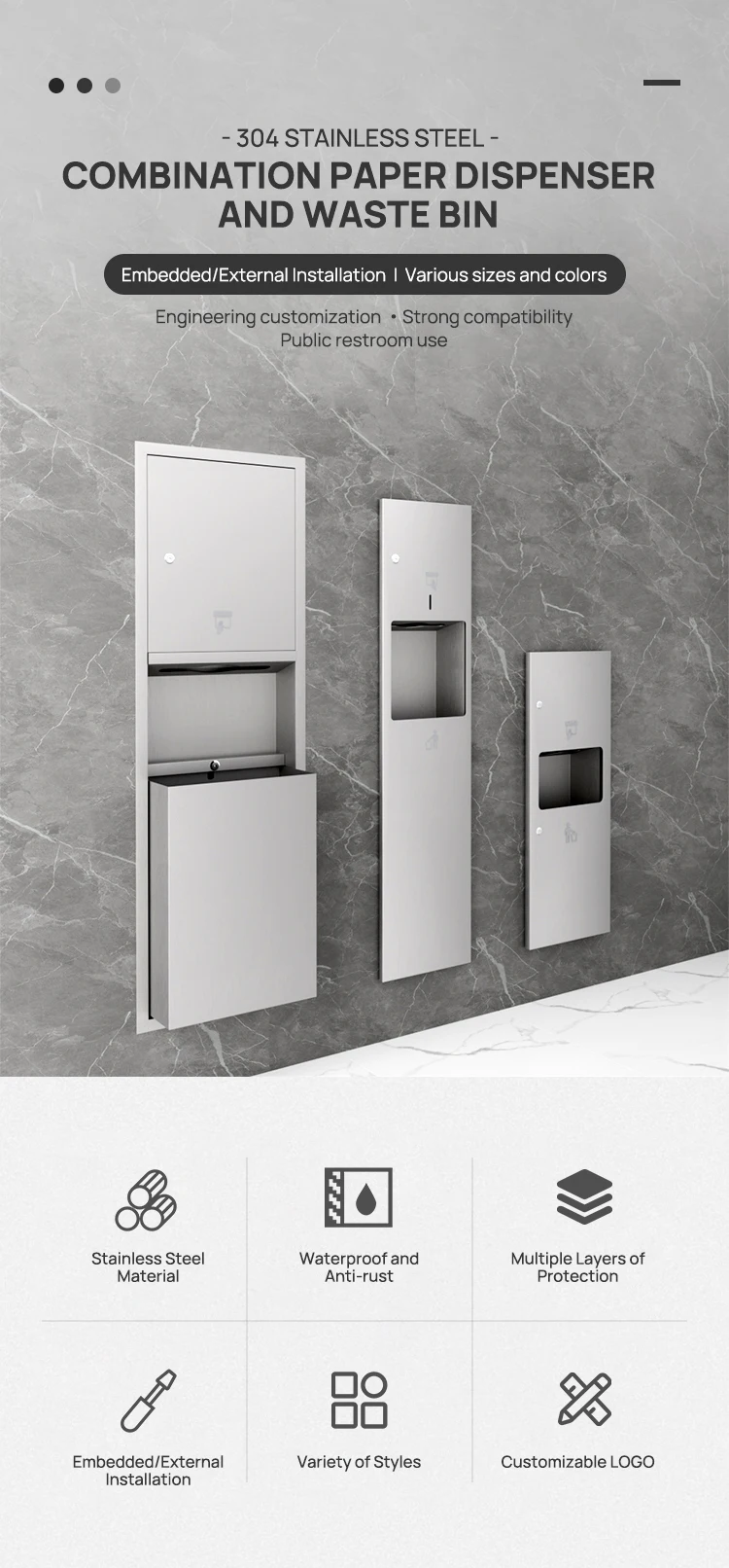 Public Bathroom Accessories Stainless Steel 304 Wall Mount Z Fold