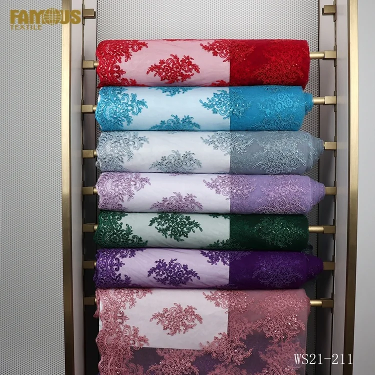 Modern Style Dark Green Color Sequin Luxury Cord Flat Embroidery Lace Fabrics for Evening Dress