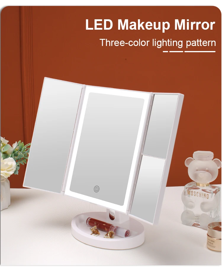 360 Trifold Makeup Mirror Storage Box Cosmetic Vanity Mirrors Led Make Up Mirror With Led Light 7895