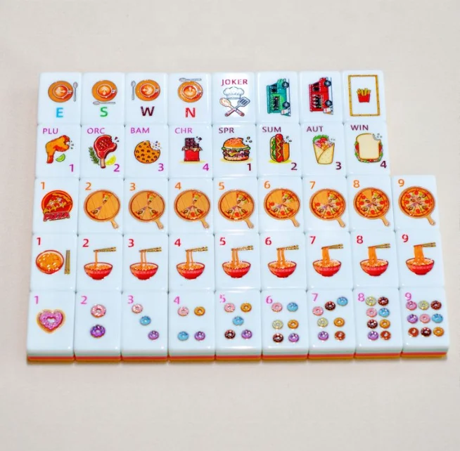 OEM Custom Luxury Modern Western Food Themed American Mahjong Tiles 160pcs Cartoon Pizza Noodle Burger Print Entertainment