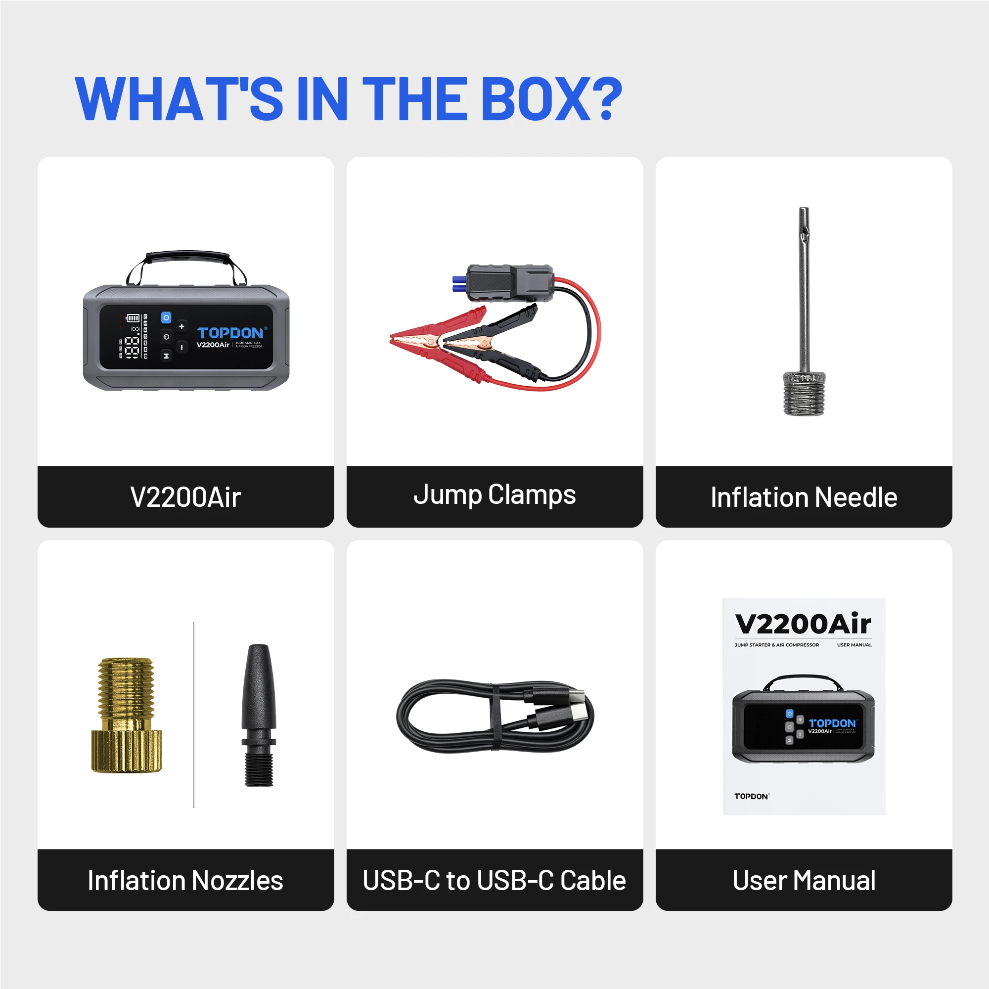 Topdon V2200 Air Multi Function Power Bank Portable Battery Booster Super Capacitor Jump Starter Powerbank with Air Pump for Car