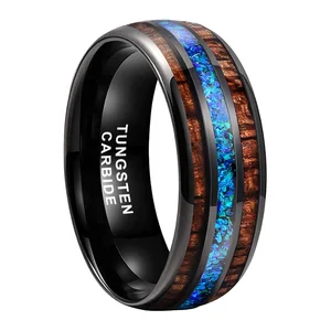 Coolstyle Jewelry Wholesale 8mm Black Tungsten Ring Men Women Engagement Wedding Band Fashion Jewelry Blue Opal Koa Wood Inlay