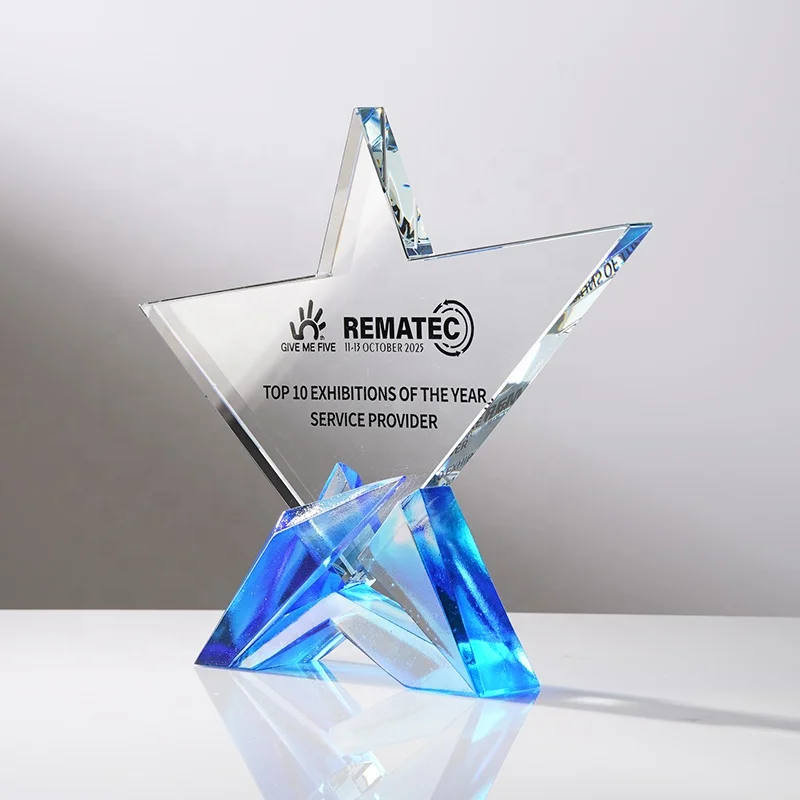 High-Grade Blue Star Crystal LiuLi Award Trophy UV Printed Souvenir Business Gift for Insurance Trade Show Giveaways-Wholesale