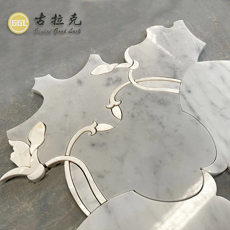 White Shell Inlay Marble Cararra White Waterjet Cutting Mosaic Tile for Living Space and Bathroom