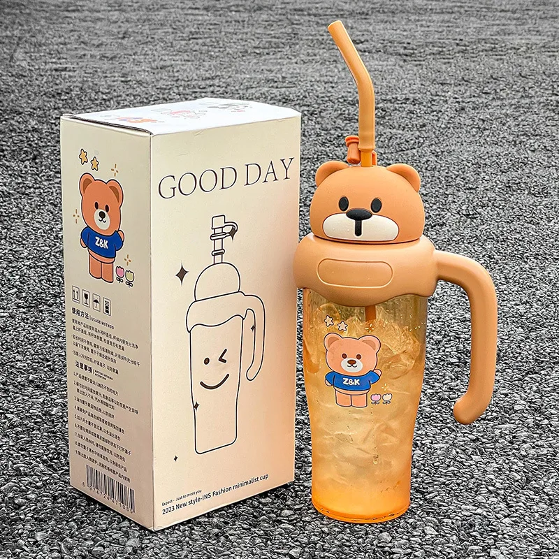 Travel Cartoon Rabbit Plastic Ice Coffee Tumbler Mug Bottle with Handle