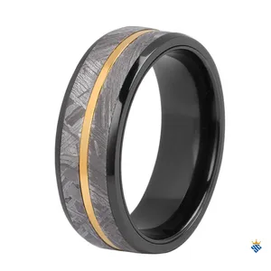Gold Plated Strip Inlay 8mm Stainless Steel Insert Genuine Gibeon Meteorite Ring Black Zirconium Mens Wedding Bands