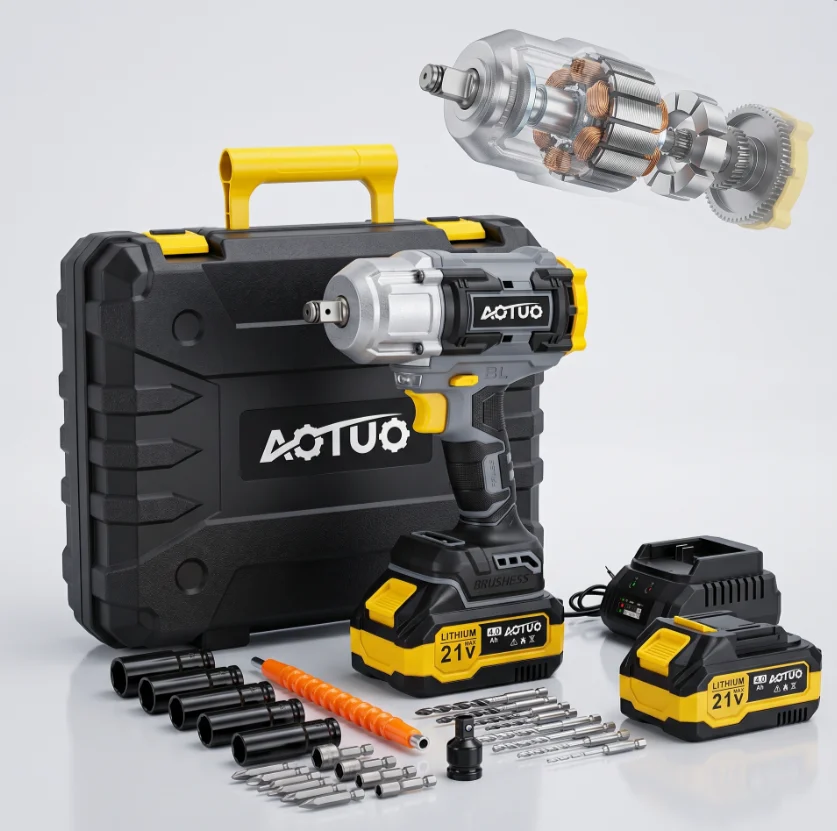 AOTUO 21V High Torque Industrial Grade Lithium Battery Brushless Motor 3/8 Drive 700N Cordless Electric Wrench