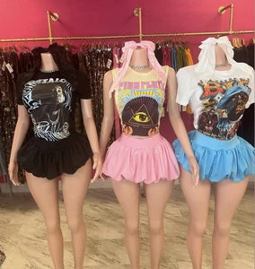 JY American Clothing Manufacturers Bigge Graphic Tee Cotton Tops and Bubble Mini Skirt and Bow Two Piece Set Women Clothing