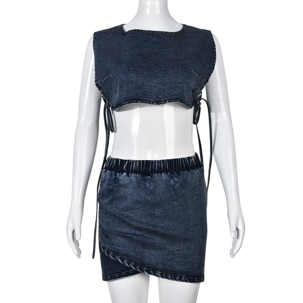 Charm Trending Products New Arrivals Two Piece Set Women Denim Clothing Denim Crop Top Denim Mini Skirt Set Women details