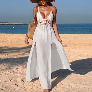 STOCK 3Colors V-NECK Crochet Women Dress Slit Maxi Dress Cross Straps Back Beach Cover up S-L
