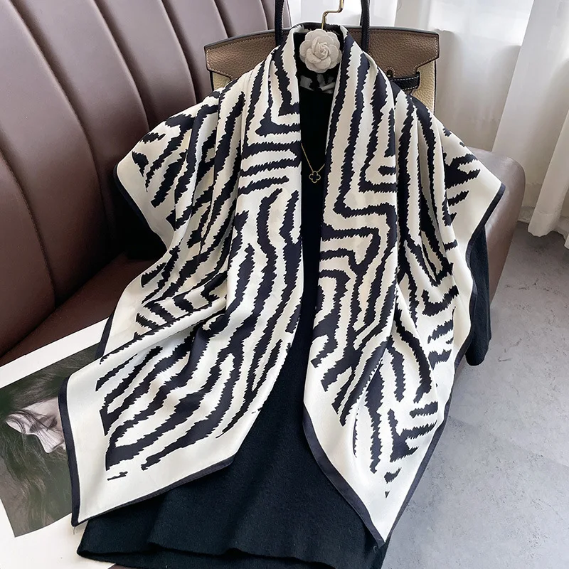 Spring Summer High Quality 90x90cm Animal Zebra Pattern Printed Women Silk Hair Scarf Ladies Silk Square Head Scarf Hijabs