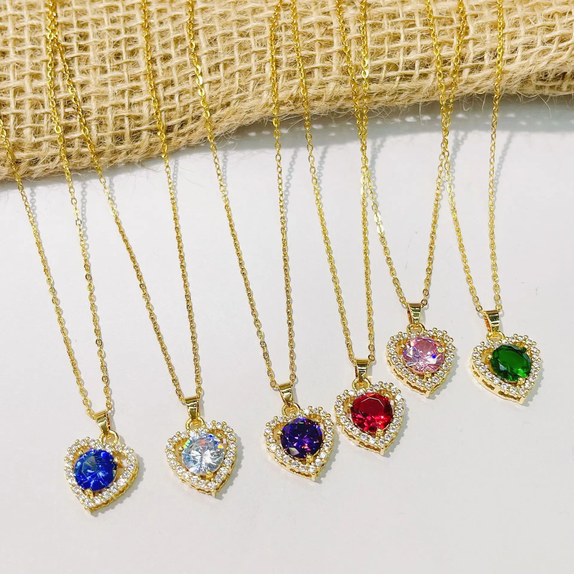 Gold Plated Colorful Available Red Sapphire pink Green Zircon Stone Heart Pendant Necklace for Women