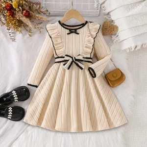 NEW Summer Girls' Fashion Long Sleeve Pullover Dress Lace Casual Print Cotton Knit Eco-Friendly Belt ODM Supply Children