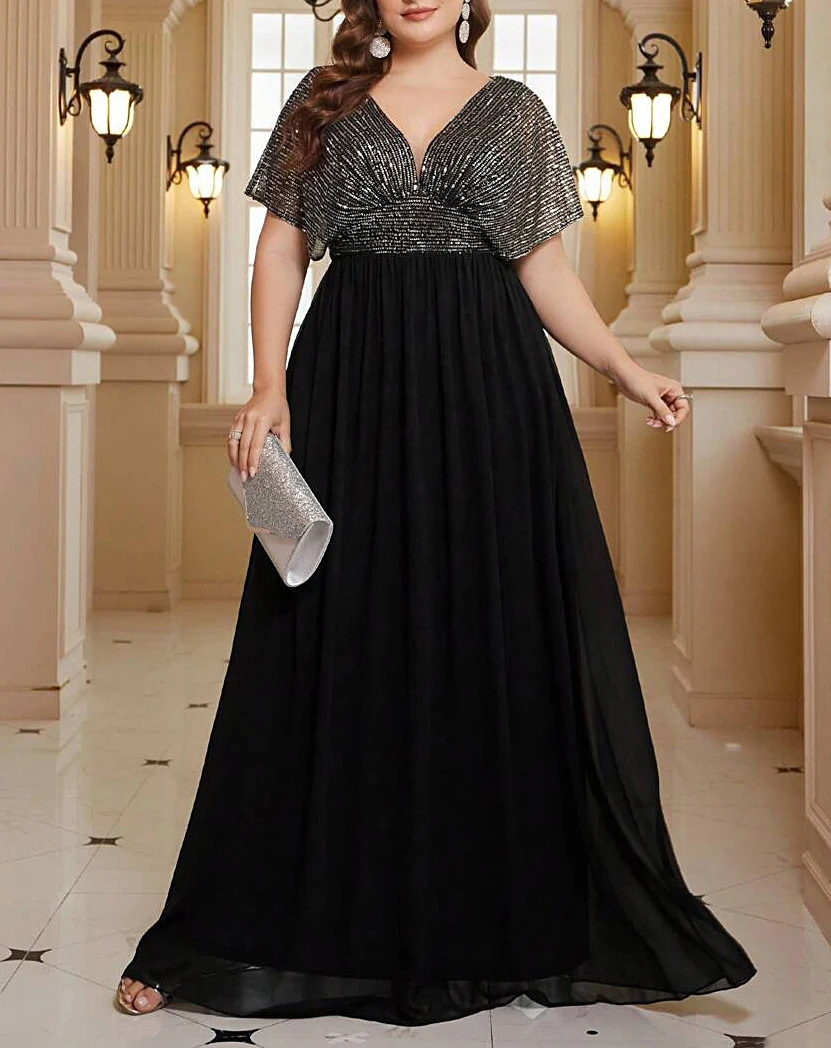 Plus Size Elegant Black Evening Gown Oversized V-Neck Casual Style Sequined  Dress for Spring Summer Modern XL Size Natural