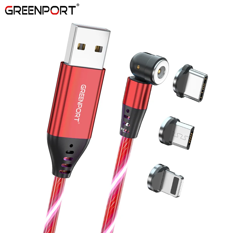 Luminous 540 degree rotating LED flowing light Magnetic phone cable cheap price on stock usb cable for micro/IOS / Type C