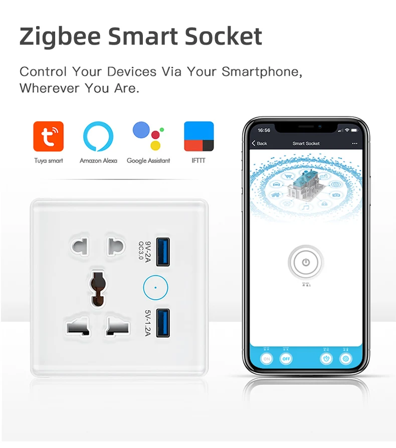 Smart Home Universal USB Wall Socket 13A Tuya Zigbee Multi-function Power Socket Alexa Google Home