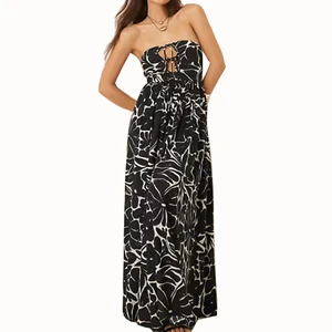 Custom High Quality Summer Causal Elegant Sleeveless Floral Pattern Tie-Waist Strapless Beach Dress Linen Maxi Dress