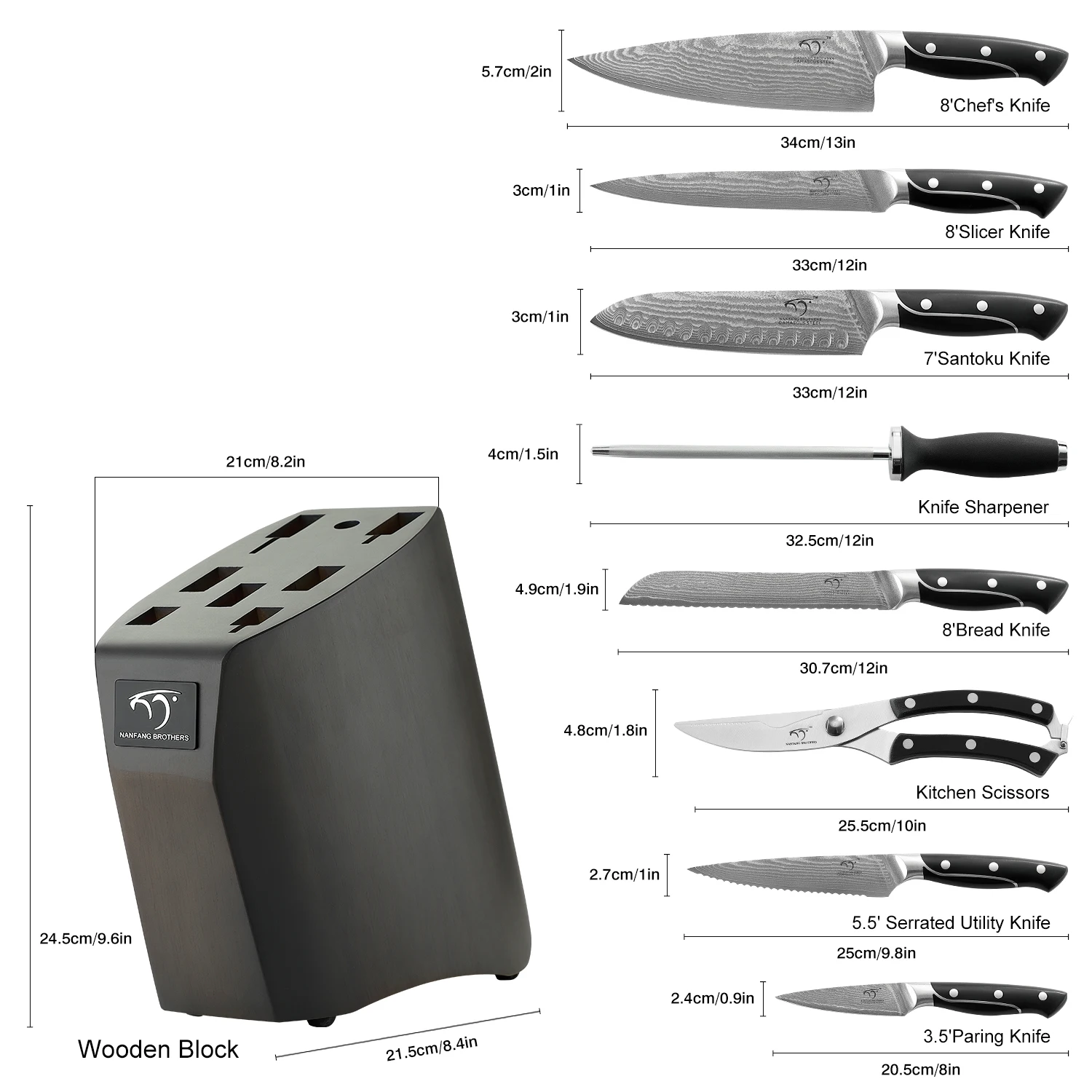 Damascus Kitchen Knife Set, 9 pieces Chef knife Set with Comfortable Ergonomic ABS Handle