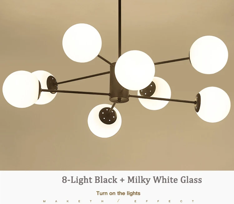 6-Light Modern Black Chandelier Mid Century Farmhouse Globe Sputnik Ceiling Pendant Light Fixture with Glass Shades