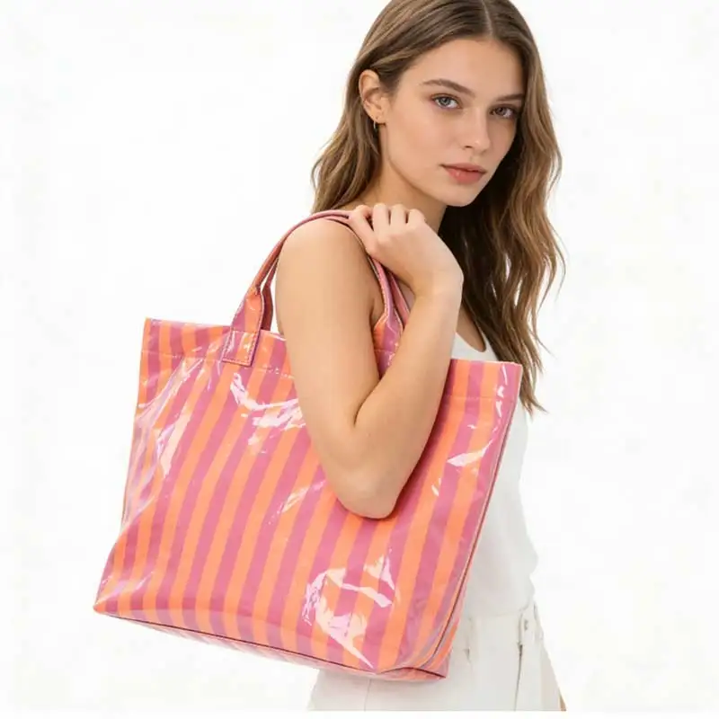 Fashion Cross-border Striped Polyester Medium Tote Bag Summer High-value Lightweight Magnetic Buckle Commuting Large Capacity