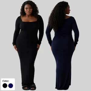 Women's Square Neck Maxi Dress Long Sleeve Bodycon Fit Ribbed Fabric Solid Black Casual & Evening Party Wear Causal Dress