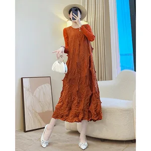 Autumn Miyake Pleated Dress Retro High End Round Neck Long-Sleeved Loose and Casual Ladies' Dress