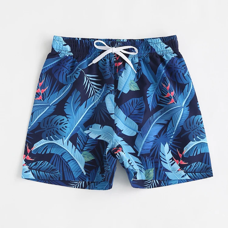 Custom Blue Plant Polyester Beach Swim Trunks for Boys