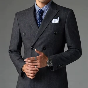 Men's Suits 3 Pieces Striped Grey Slim Fit Business Double Breasted Suit Set for Men
