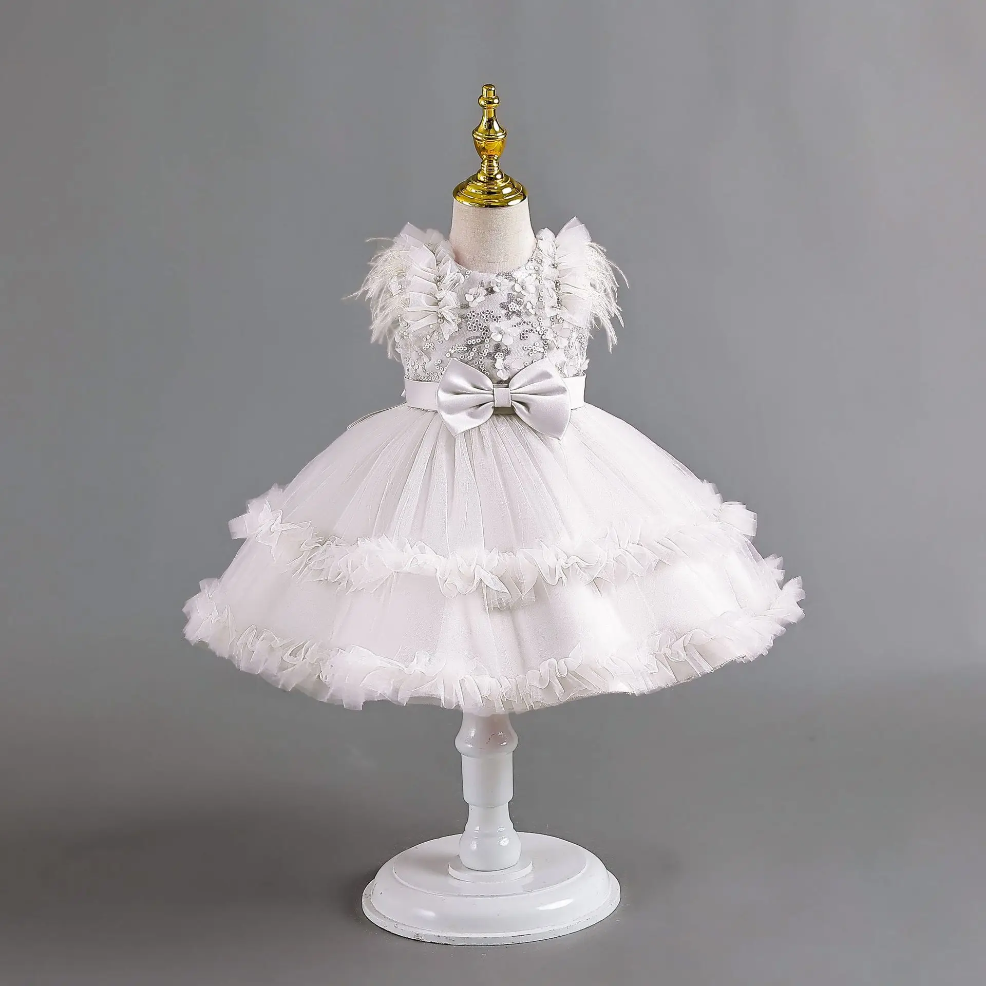 Tulle Baby Girl Party Dresses Newborn 1 Years Birthday Bowknot Evening Princess Kids Girls Flower Wedding Bridesmaid  Dresses 3