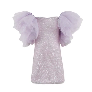 Customizable Girls Sequin Party Dress Puffy Mesh Sleeves Shiny Fabric Kids Fashion Outfit