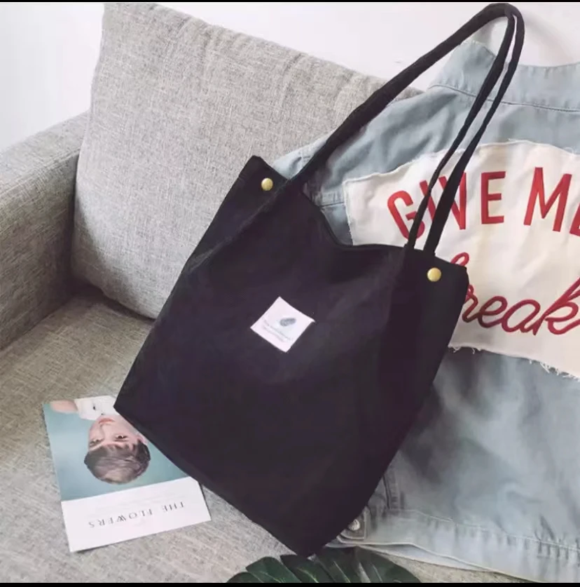 Women Bag Corduroy Shoulder Bags Reusable Cotton Cloth Handbags School Shopping Large Grocery Organizer Shopper Tote Pack manufacture