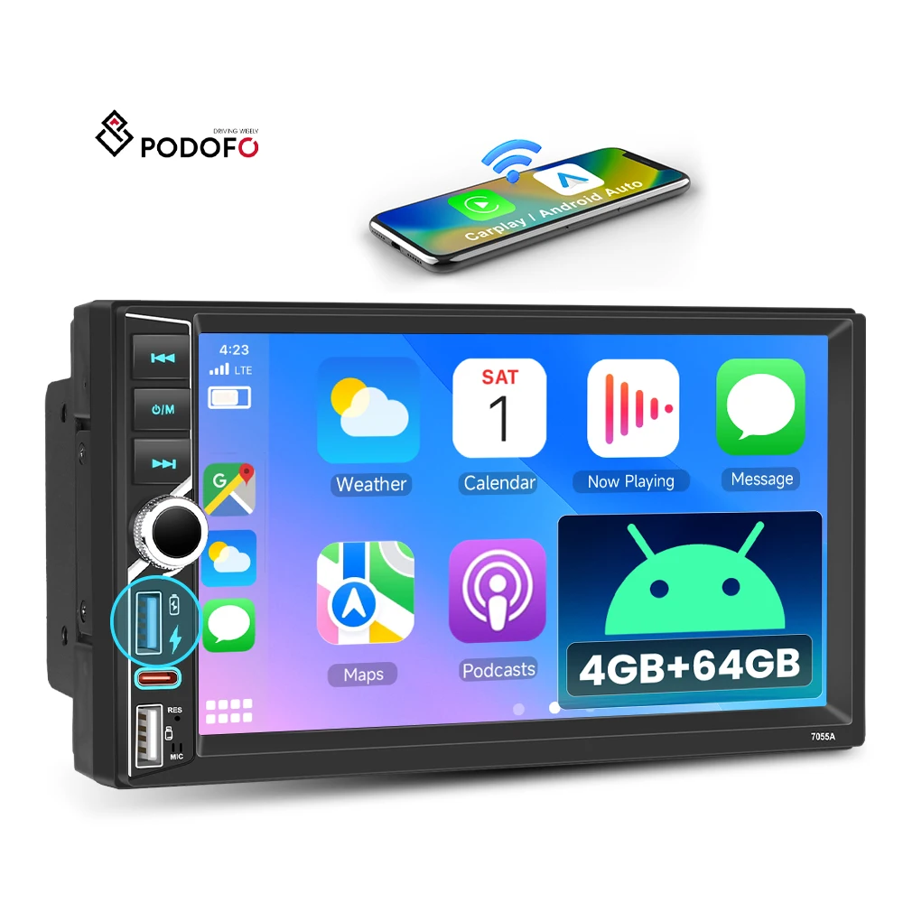 Podofo 4+64G Android 2din Car Radio 7inch Car Audio Single Knob Wireless Carplay/Android Auto GPS WiFi Radio Para Auto OEM ODM A4276