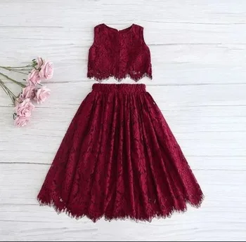 2022 Fashion 2Pcs Toddler Kids Baby Girls Summer Clothes Sets Red Sleeveless Tops Lace Outfits Lace Bridal Dress 1-8Y