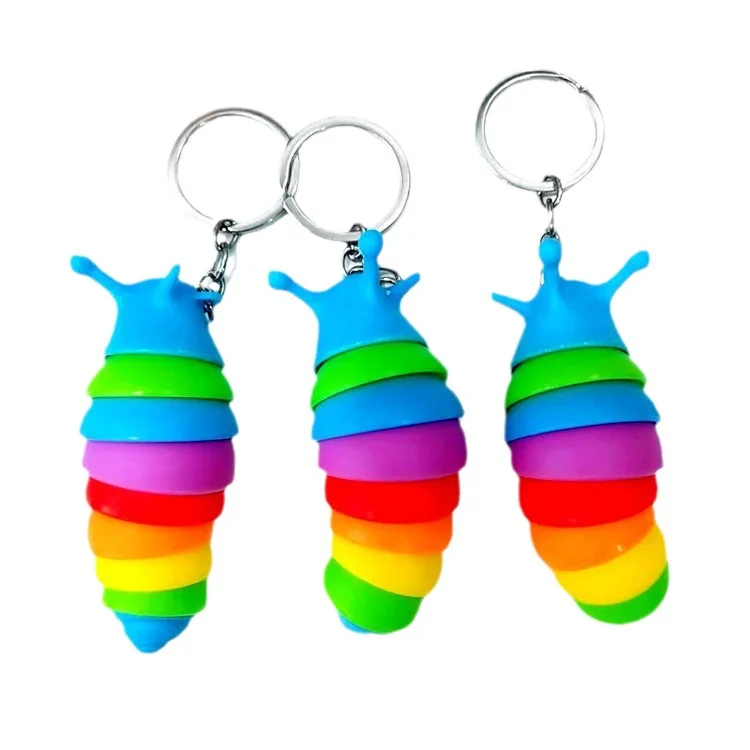 Mini Fidget Slug Keychain Toys 3D Articulated Stretch Caterpillar Sensory Stress Relief Flexible Hand Toy Keyring Bag Pendent