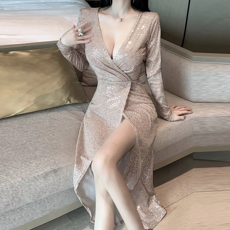 Fashion Crystal Evening Clothing Tops 2024 New Heavy Sequins V Neck High Waist Elegant Long Dress Sexy Women Party Dresses 35W9 14