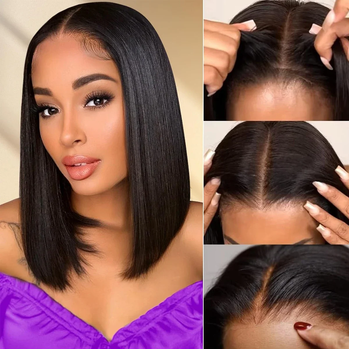 Kleberfreie Bob-Perücken, Echthaar, vorgezupft, Lace-Front, Remy-Haar, 180 % Dichte_voghion.com
