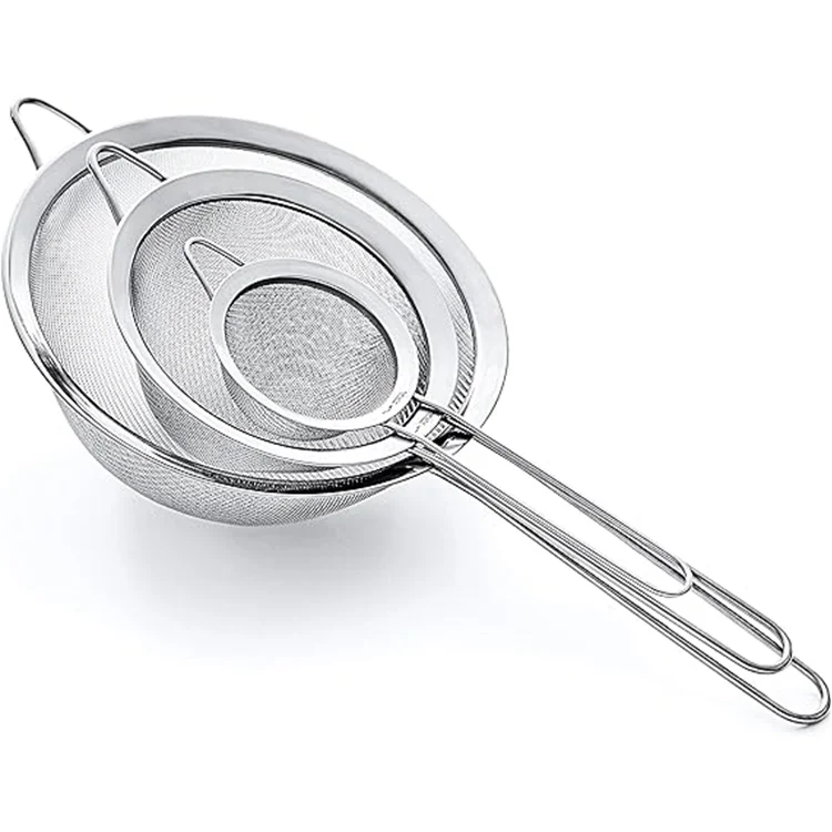 Sales Home Kitchen Multiple Size Strainer Sets Stainless Steel Food Strainer Juicer Filter Colander With Long Hand with Custom Logo