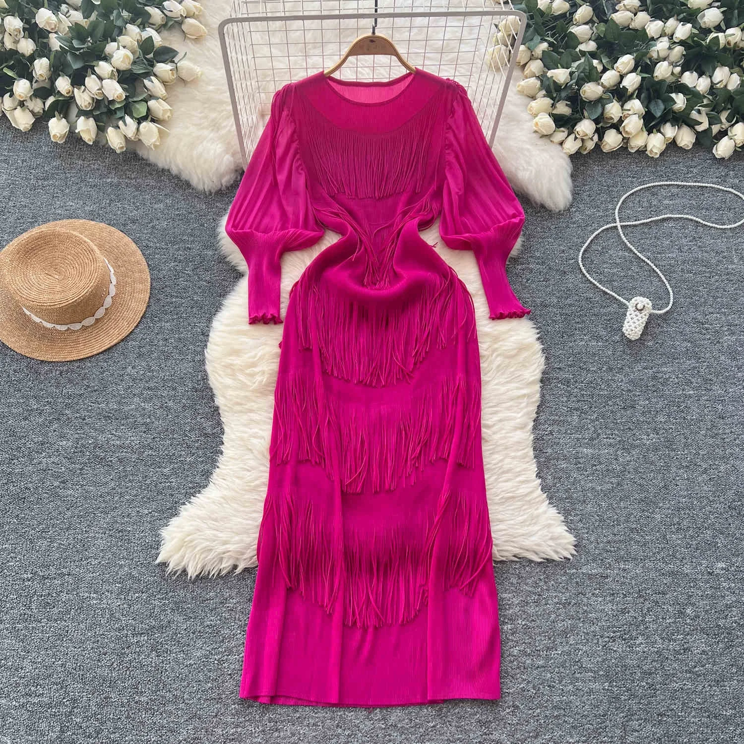 Europe and the United States Senior Lantern Sleeve Dress Women Fall Tassel  Slim Elegant Casual Long Dresses