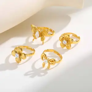 Hot Selling Classic Style Stainless Steel Gold Plated Jewelry Flower Ring Adjustable Open Rings for Women