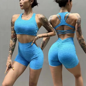 New Nylon Four Way Stretch Sports Wear High Impact Gym Wear Racer Back Cross Shockproof Bra Scrunch Butt Shorts Yoga Sets