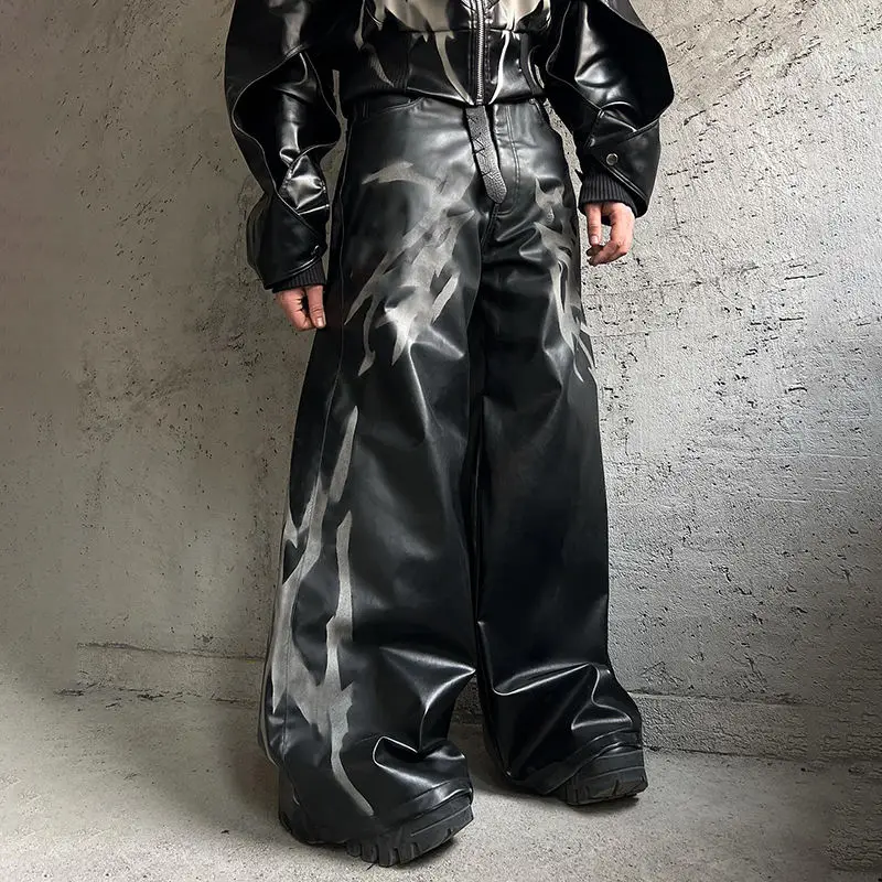 Salati Custom Manufacturer Designer High Waisted Casual Pants Baggy Stretchy Wide Leg Y2K Black Flared Pu Leather Pants for Men