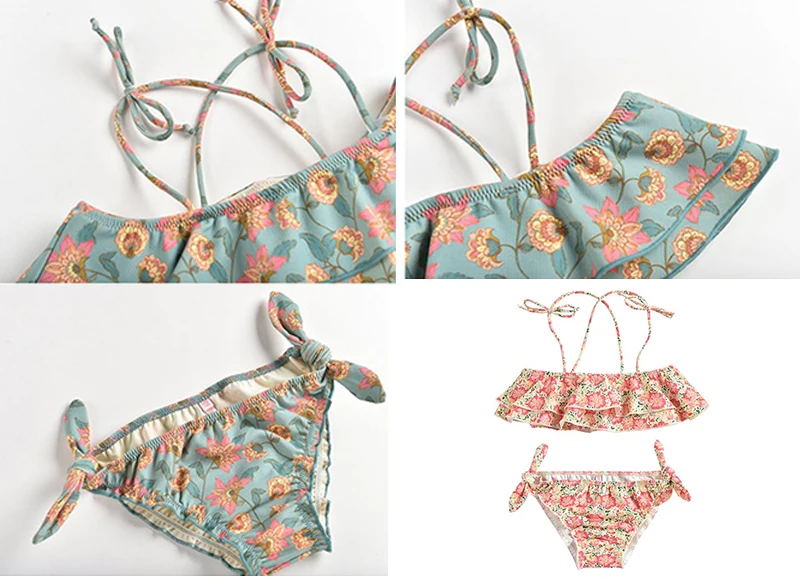 Custom Two Piece European American Style Cute Flower Suspender Child Girls Swimwear Kids Swimming Suit supplier