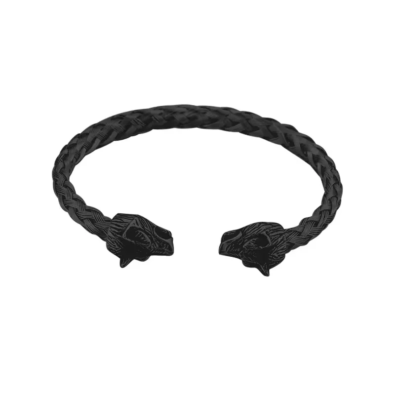 Men's Wolf Head Bracelet - Stainless Steel Braided Cable Cuff Bangle, Adjustable 19-22cm, Polished Grey Black Finish - View #8