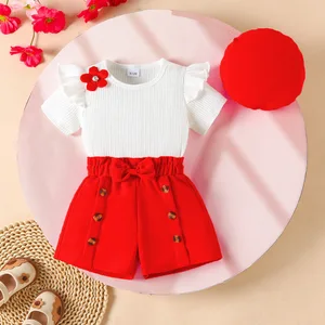 2026 Summer Toddler Girl Clothing Set Fashion 3d Flower Knit Top Button Shorts with Hat 3pcs Suits Fashion Kids Clothes