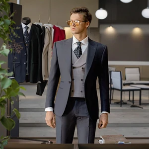 High Quality Customizable Business Office Suit Set Iron-Gray One-Button Gun-Shaped Lapel Pants Vest with Single Breasted Closure