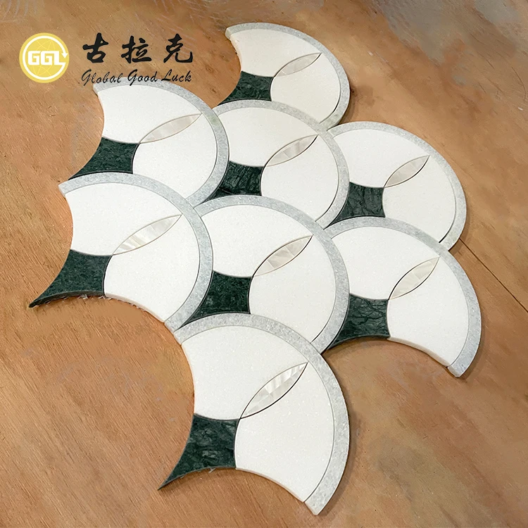 New Fan Shape Marble Sea Shell Inlay White and Green Marble Waterjet Mosaic Tile for Home and Hotel Decoration