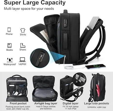 Vacuum Compression Travel Backpack Business USB Charging Port Laptop Backpack Water Resistant