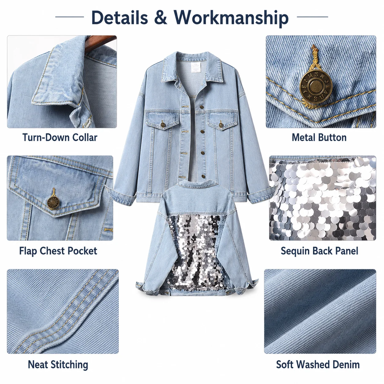 Custom Women's Oversized Vintage Denim Jacket Long Sleeve Cropped Coat with Fringe Sequin Embroidered Design