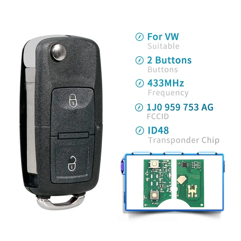 Foldable Flip Car Remote Key Fob 2 Buttons Replacement for VW Golf Polo Passat Skoda 433Mhz ID48 Chip OEM 1J0959753AG Key Shell